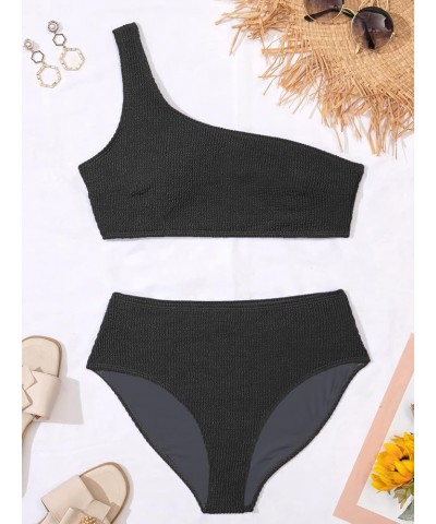 One Shoulder Bikini Sets for Women High Waisted Full Coverage Swimsuit Ribbed Push Up Two Pieces Bathing Suits Black $15.68 S...