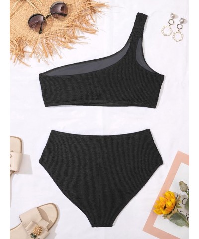 One Shoulder Bikini Sets for Women High Waisted Full Coverage Swimsuit Ribbed Push Up Two Pieces Bathing Suits Black $15.68 S...