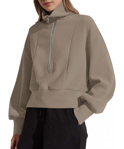 Women's Casual Half Zip Sweatshirts Long Sleeve Solid Color Cropped Pullover Jackets Coats Khaki $16.04 Hoodies & Sweatshirts