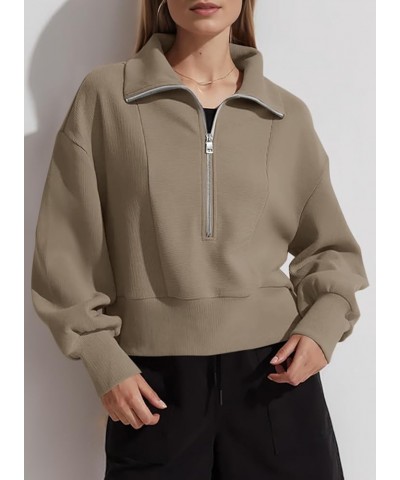 Women's Casual Half Zip Sweatshirts Long Sleeve Solid Color Cropped Pullover Jackets Coats Khaki $16.04 Hoodies & Sweatshirts