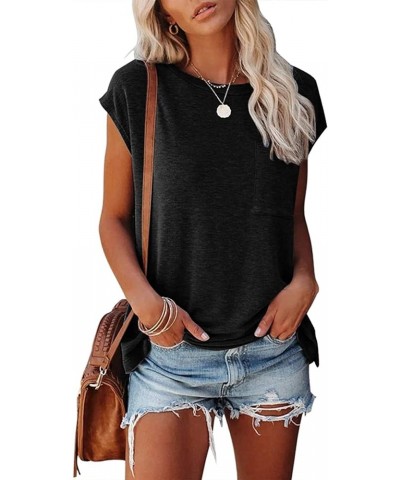 Womens Summer Casual Tops 2023 Basic Loose Cap Sleeve Tshirts Solid Color Blouse with Pocket Black $10.39 Tops