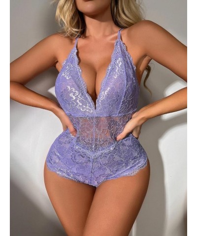 Women Lingerie Sexy Lace Bodysuit Deep V Teddy One Piece Lace Babydoll Light Purple $11.79 Lingerie