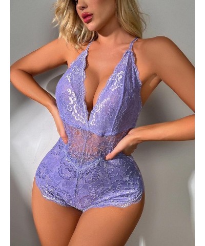 Women Lingerie Sexy Lace Bodysuit Deep V Teddy One Piece Lace Babydoll Light Purple $11.79 Lingerie