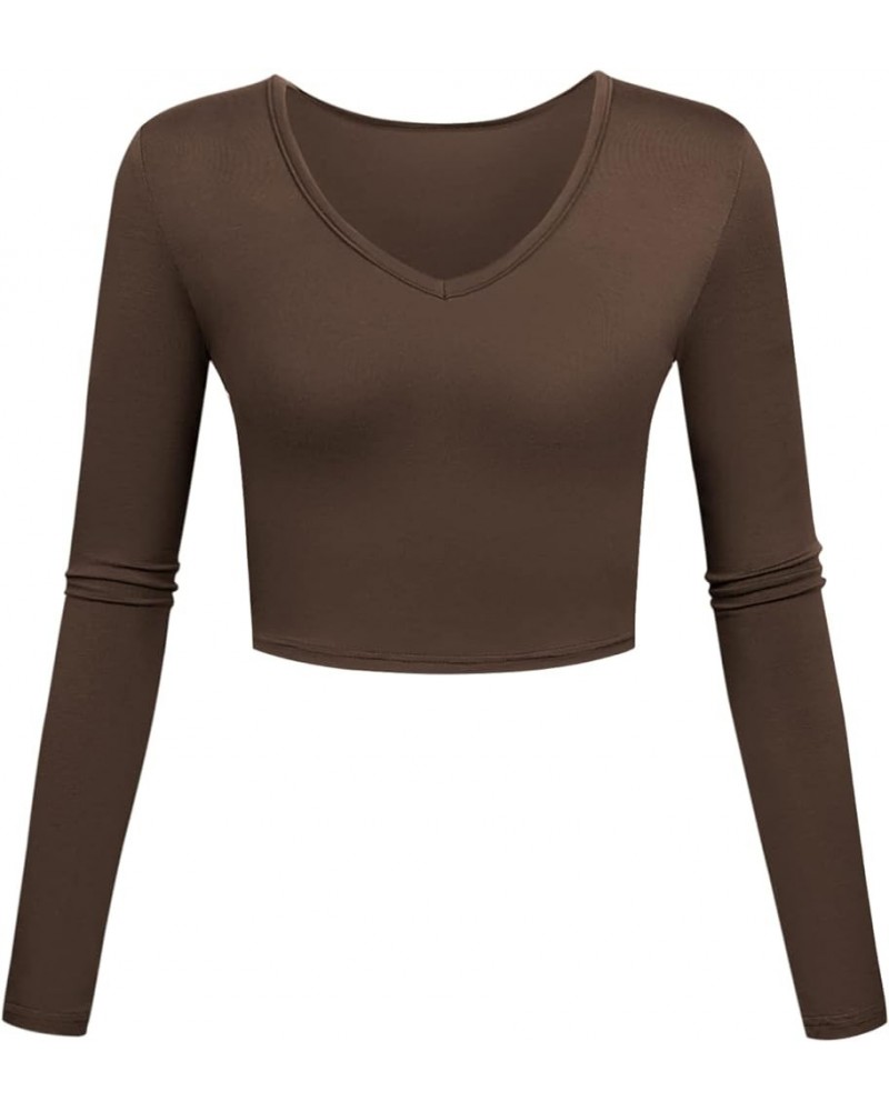 V Neck Crop Tops Long Sleeve Sexy Shirts Slim Fit Base Layer for Women Coffee $9.85 T-Shirts