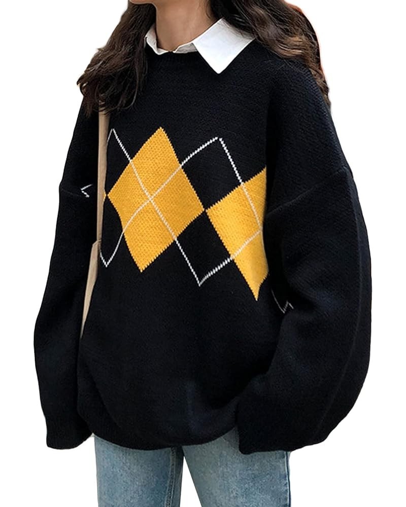 Women Argyle Plaid Sweater Pullover Long Sleeve Preppy Style Streetwear Knit Sweater Autumn Winter Y2K Top Black $16.09 Sweaters