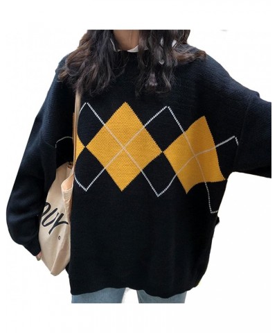 Women Argyle Plaid Sweater Pullover Long Sleeve Preppy Style Streetwear Knit Sweater Autumn Winter Y2K Top Black $16.09 Sweaters