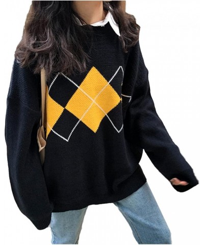 Women Argyle Plaid Sweater Pullover Long Sleeve Preppy Style Streetwear Knit Sweater Autumn Winter Y2K Top Black $16.09 Sweaters