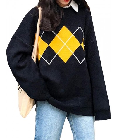 Women Argyle Plaid Sweater Pullover Long Sleeve Preppy Style Streetwear Knit Sweater Autumn Winter Y2K Top Black $16.09 Sweaters