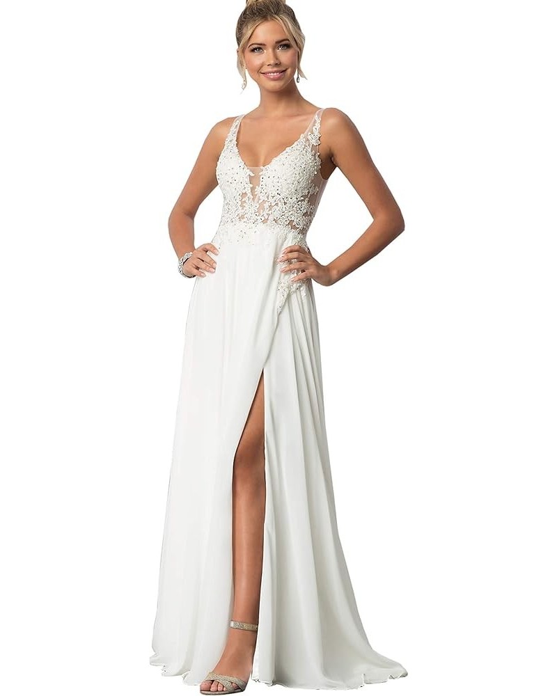 Women's V Neck Lace Appliqued Prom Dresses A-line High Slit Formal Evening Party Gowns White $34.00 Dresses