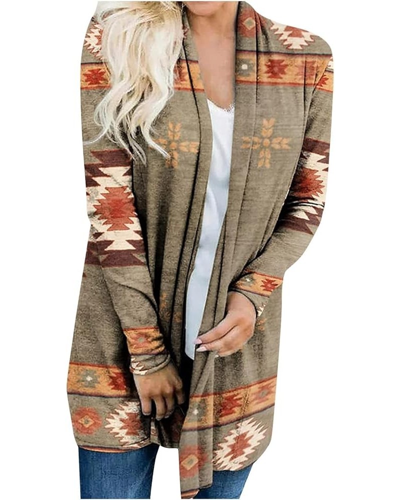 Cardigan Sweaters for Women Dressy Fall Open Front Long Sleeve Sweater Coat Printed Casual Jacket Loose Outwear Tops 1-khaki ...