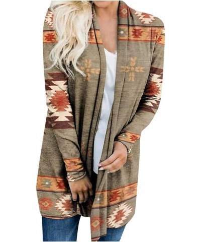 Cardigan Sweaters for Women Dressy Fall Open Front Long Sleeve Sweater Coat Printed Casual Jacket Loose Outwear Tops 1-khaki ...