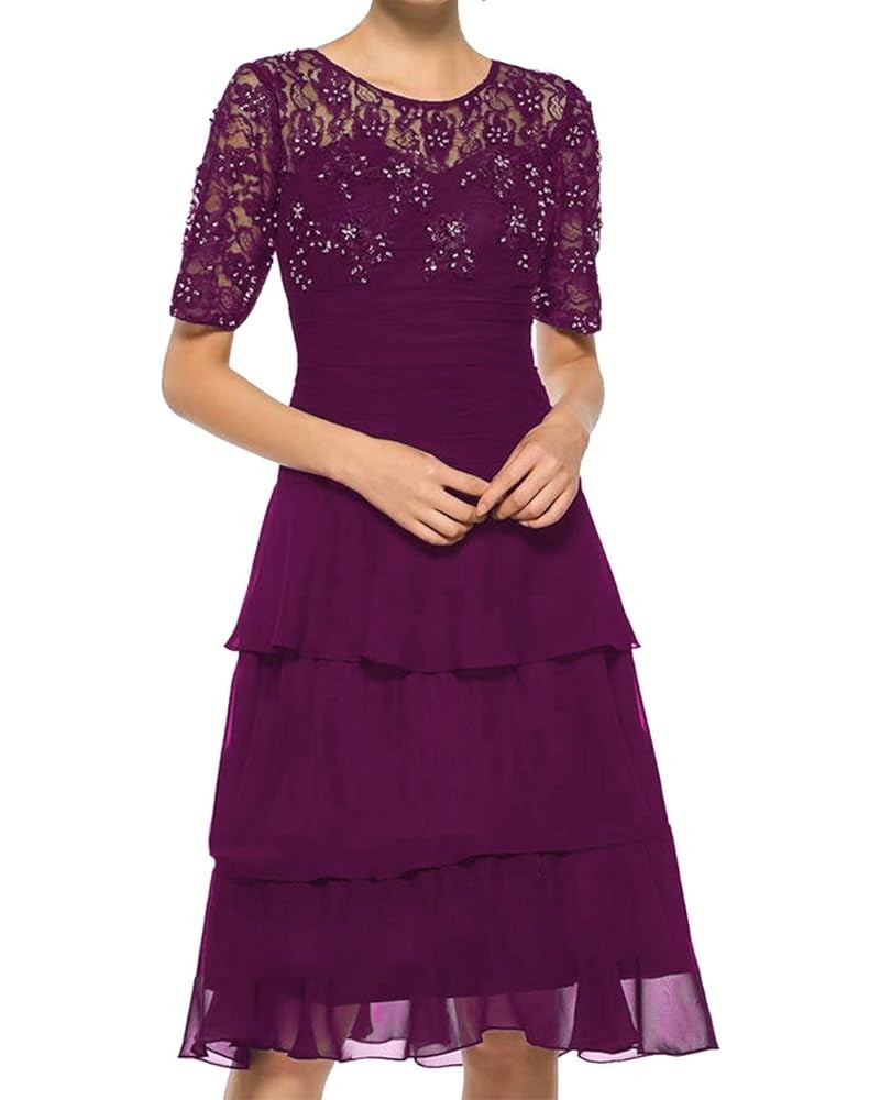 Mother of The Bride Dresses Tiered Short Evening Party Dresses Lace Short Sleeve Grape $35.52 Dresses