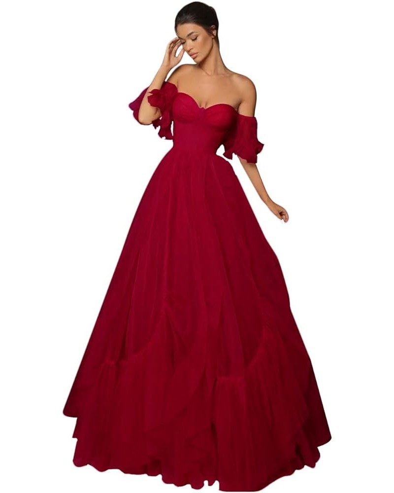 Off Shoulder Tulle Ball Gown Long Puffy Short Sleeve Prom Dresses Sweetheart Ball Gown Formal Dress for Women Wine Red $45.45...