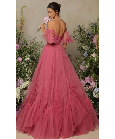 Off Shoulder Tulle Ball Gown Long Puffy Short Sleeve Prom Dresses Sweetheart Ball Gown Formal Dress for Women Wine Red $45.45...