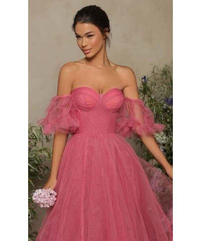 Off Shoulder Tulle Ball Gown Long Puffy Short Sleeve Prom Dresses Sweetheart Ball Gown Formal Dress for Women Wine Red $45.45...