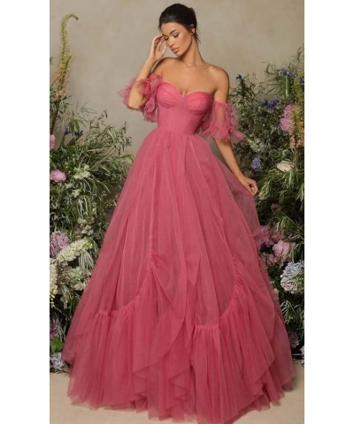 Off Shoulder Tulle Ball Gown Long Puffy Short Sleeve Prom Dresses Sweetheart Ball Gown Formal Dress for Women Wine Red $45.45...