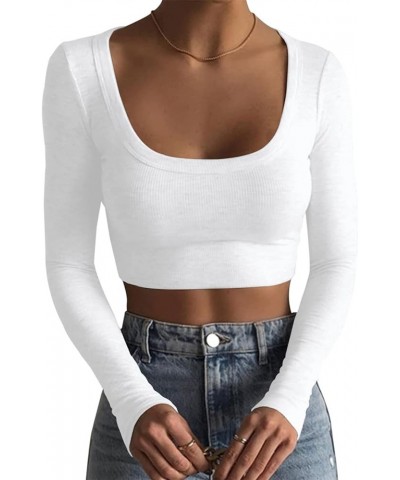 Long Sleeve Crop Tops for Women Y2k Cute Ribbed Going Out Top Basic Square Neck Fitted Tee Shirt Fall White $11.99 Tops