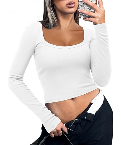 Long Sleeve Crop Tops for Women Y2k Cute Ribbed Going Out Top Basic Square Neck Fitted Tee Shirt Fall White $11.99 Tops