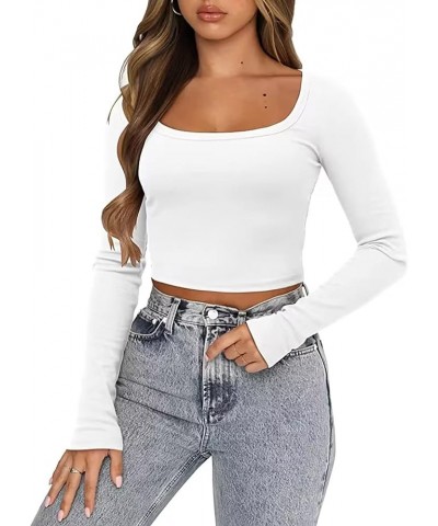 Long Sleeve Crop Tops for Women Y2k Cute Ribbed Going Out Top Basic Square Neck Fitted Tee Shirt Fall White $11.99 Tops