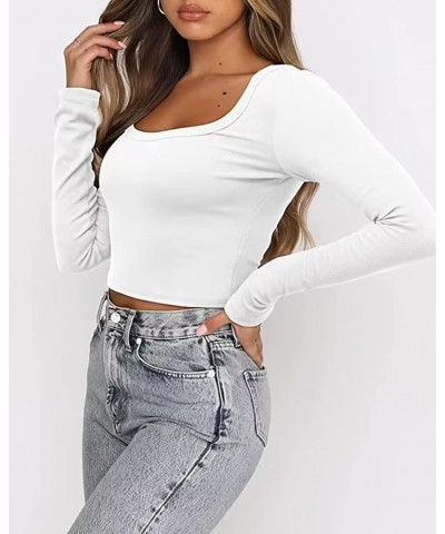 Long Sleeve Crop Tops for Women Y2k Cute Ribbed Going Out Top Basic Square Neck Fitted Tee Shirt Fall White $11.99 Tops