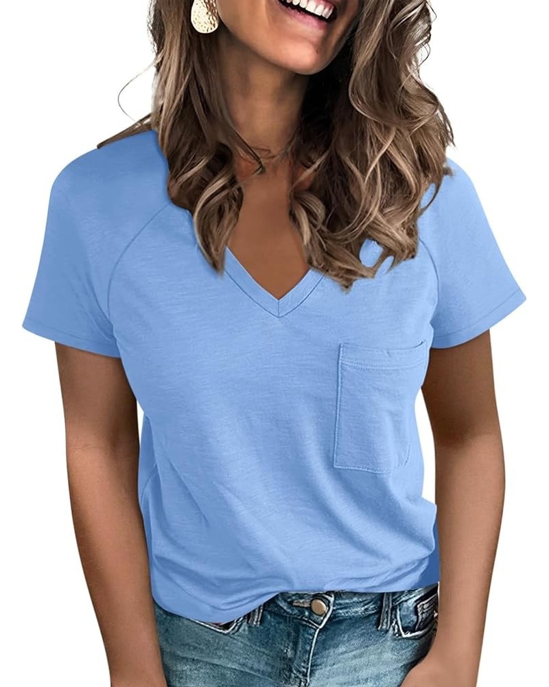 Women's Square Neck Short Sleeve T-Shirt Side Shirring Summer Y2K Slim Fitted Tops Light Blue $12.71 T-Shirts