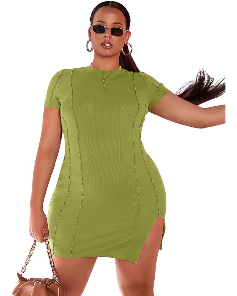 Women's Plus Size Short Sleeve Split Hem Party Bodycon Mini Dress Lime Green $16.80 Dresses