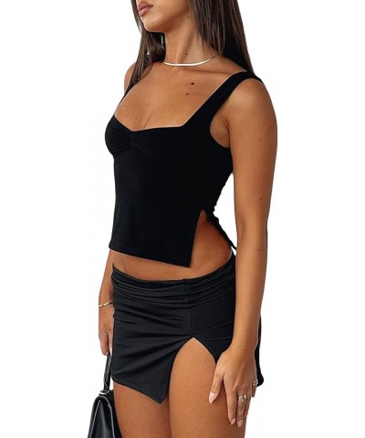 Women Sexy Low Cut Tank Top Ruched Bandage Camisloe Side Split Mini Y2k Tops Cropped Bustier Vest Going Out Black Medium $9.8...