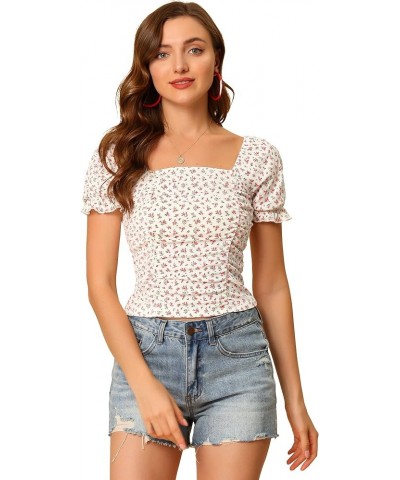 Smocked Crop Top for Women's Slim Fit Peasant Floral Blouse White $17.60 Blouses