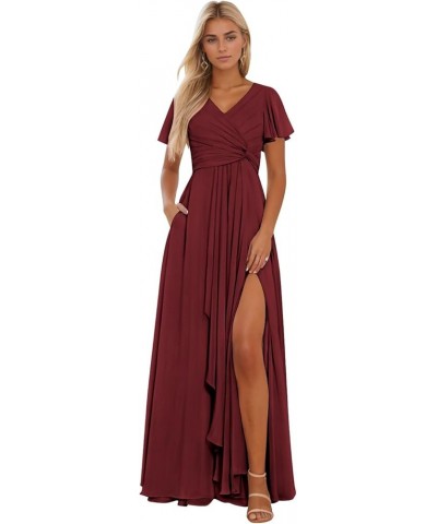 Women’s Ruffle Sleeve Bridesmaid Dresses with Pockets Long Pleats Formal Dress with Slit YG232 Burgundy $36.71 Dresses