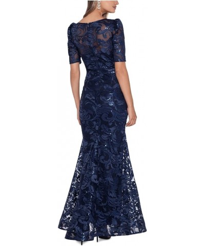 Long 3/4 Sleeve Embroidered Sequin Dress Navy $32.82 Dresses