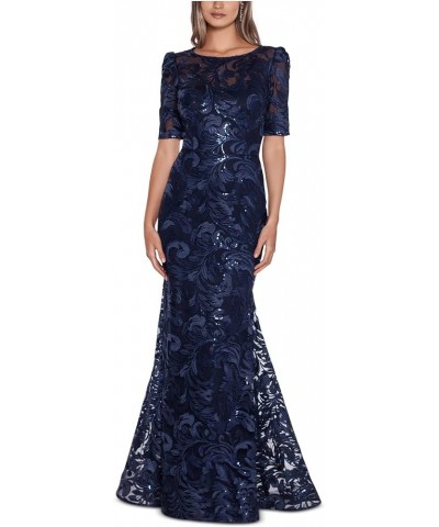 Long 3/4 Sleeve Embroidered Sequin Dress Navy $32.82 Dresses