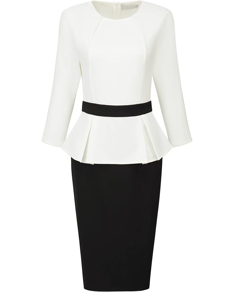 Women's Peplum Pencil Dress Crew Neck 3/4 Sleeve Contrast Sheath Dresses White $28.08 Dresses