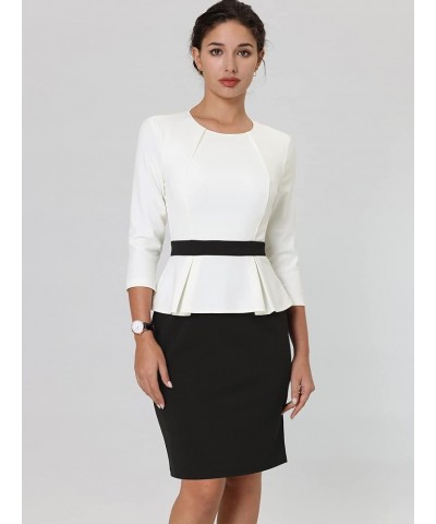 Women's Peplum Pencil Dress Crew Neck 3/4 Sleeve Contrast Sheath Dresses White $28.08 Dresses