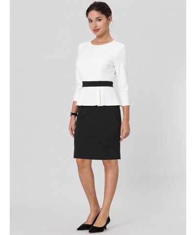 Women's Peplum Pencil Dress Crew Neck 3/4 Sleeve Contrast Sheath Dresses White $28.08 Dresses