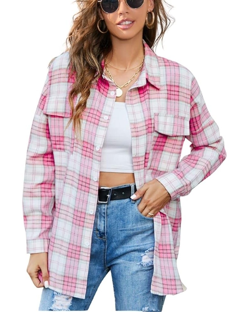 Flannel Plaid Button Down Shirt Shacket Blouse Tops for Women Oversized Pink $18.23 Blouses