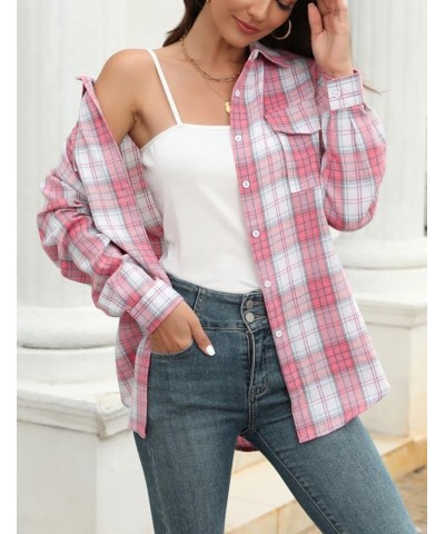 Flannel Plaid Button Down Shirt Shacket Blouse Tops for Women Oversized Pink $18.23 Blouses