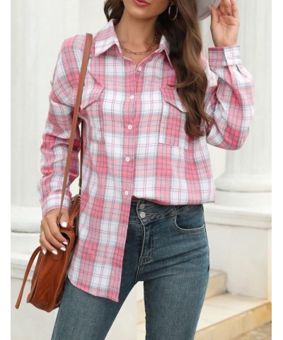 Flannel Plaid Button Down Shirt Shacket Blouse Tops for Women Oversized Pink $18.23 Blouses