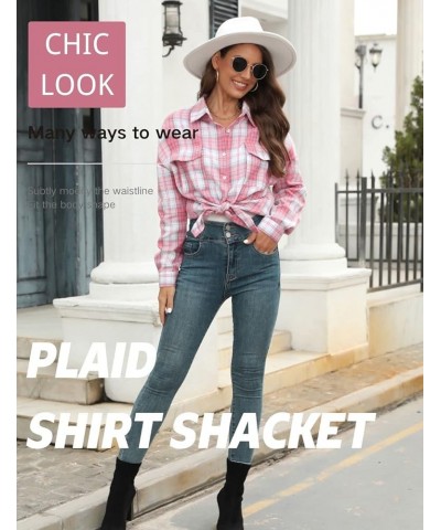 Flannel Plaid Button Down Shirt Shacket Blouse Tops for Women Oversized Pink $18.23 Blouses