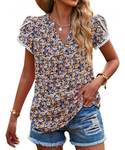 Women's Shirts Summer Casual Crewneck Lace Crochet Short Sleeve Blouses Cute Floral Print Loose Tunic Tops Floral Black $15.8...