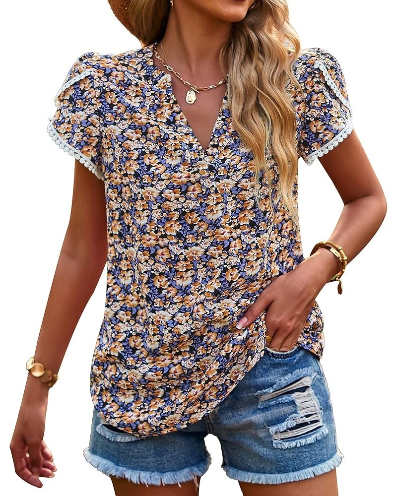 Women's Shirts Summer Casual Crewneck Lace Crochet Short Sleeve Blouses Cute Floral Print Loose Tunic Tops Floral Black $15.8...