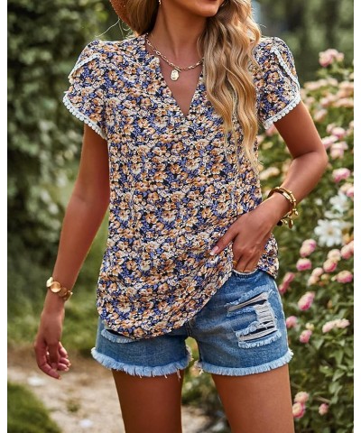 Women's Shirts Summer Casual Crewneck Lace Crochet Short Sleeve Blouses Cute Floral Print Loose Tunic Tops Floral Black $15.8...