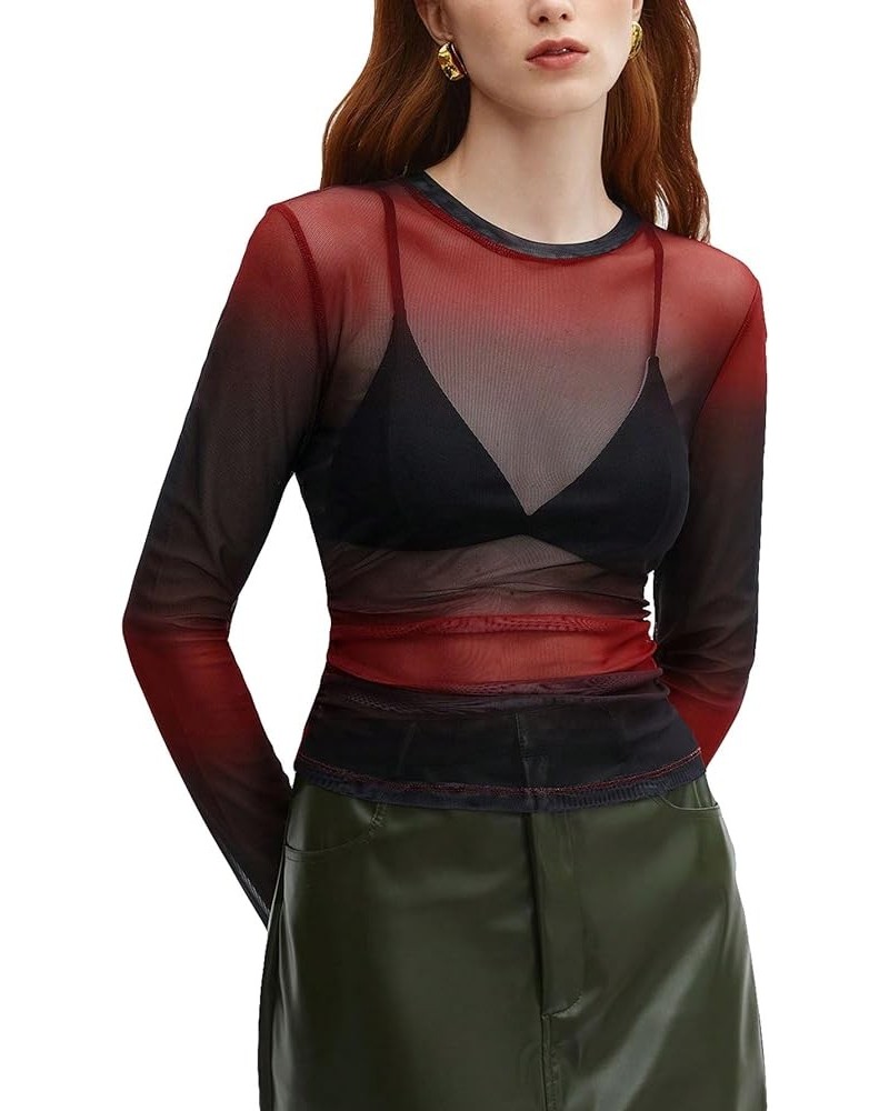 Women's Long Sleeve Floral Flocked See Through Sheer Mesh Top Red and Black $14.50 Blouses