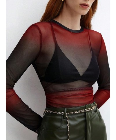 Women's Long Sleeve Floral Flocked See Through Sheer Mesh Top Red and Black $14.50 Blouses