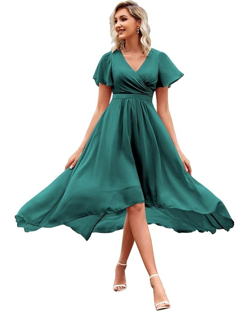 High Low Bridesmaid Dresses for Wedding 2023 Short Sleeve V Neck Chiffon Formal Dress with Pockets Teal $31.34 Dresses