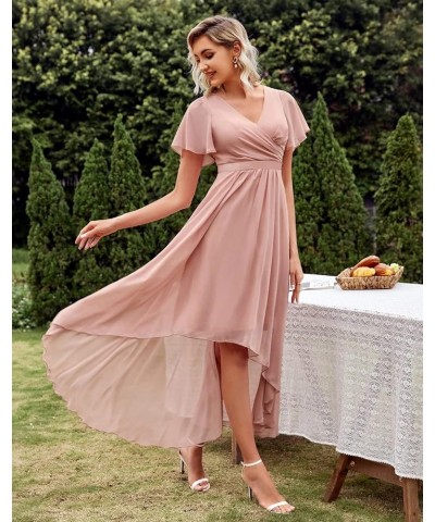 High Low Bridesmaid Dresses for Wedding 2023 Short Sleeve V Neck Chiffon Formal Dress with Pockets Teal $31.34 Dresses