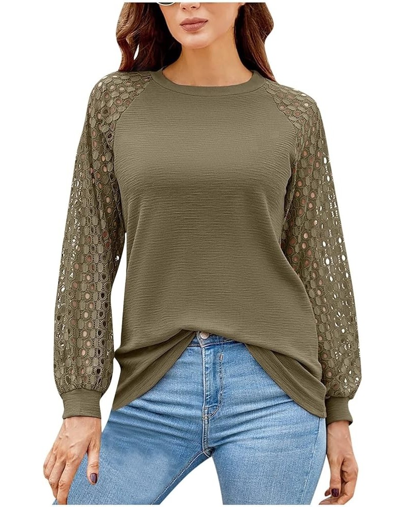 2024 Womens Spring Long Sleeve Shirts Lightweight Tshirts Lace Trim V Neck Cute Tops Summer Pleated Flowy Blouse A12- Green $...