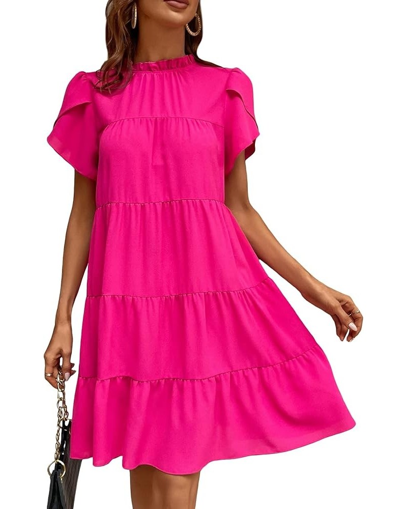 Women's Tie Back Petal Sleeve Mock Neck Ruffle Hem A Line Swing Smock Dress Hot Pink $21.19 Dresses