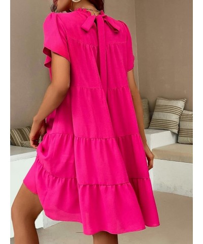 Women's Tie Back Petal Sleeve Mock Neck Ruffle Hem A Line Swing Smock Dress Hot Pink $21.19 Dresses