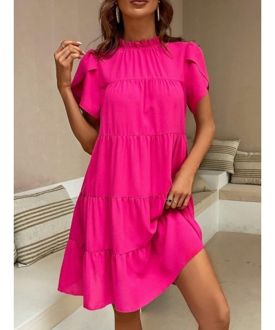 Women's Tie Back Petal Sleeve Mock Neck Ruffle Hem A Line Swing Smock Dress Hot Pink $21.19 Dresses