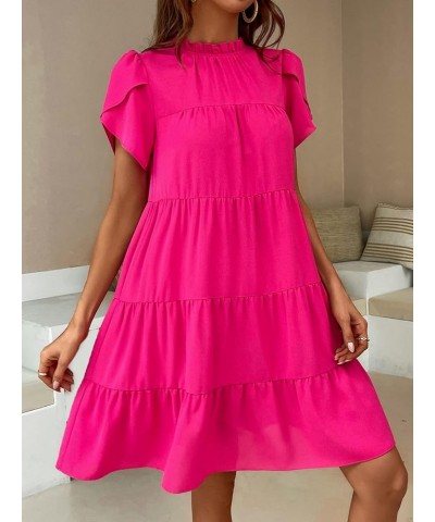 Women's Tie Back Petal Sleeve Mock Neck Ruffle Hem A Line Swing Smock Dress Hot Pink $21.19 Dresses